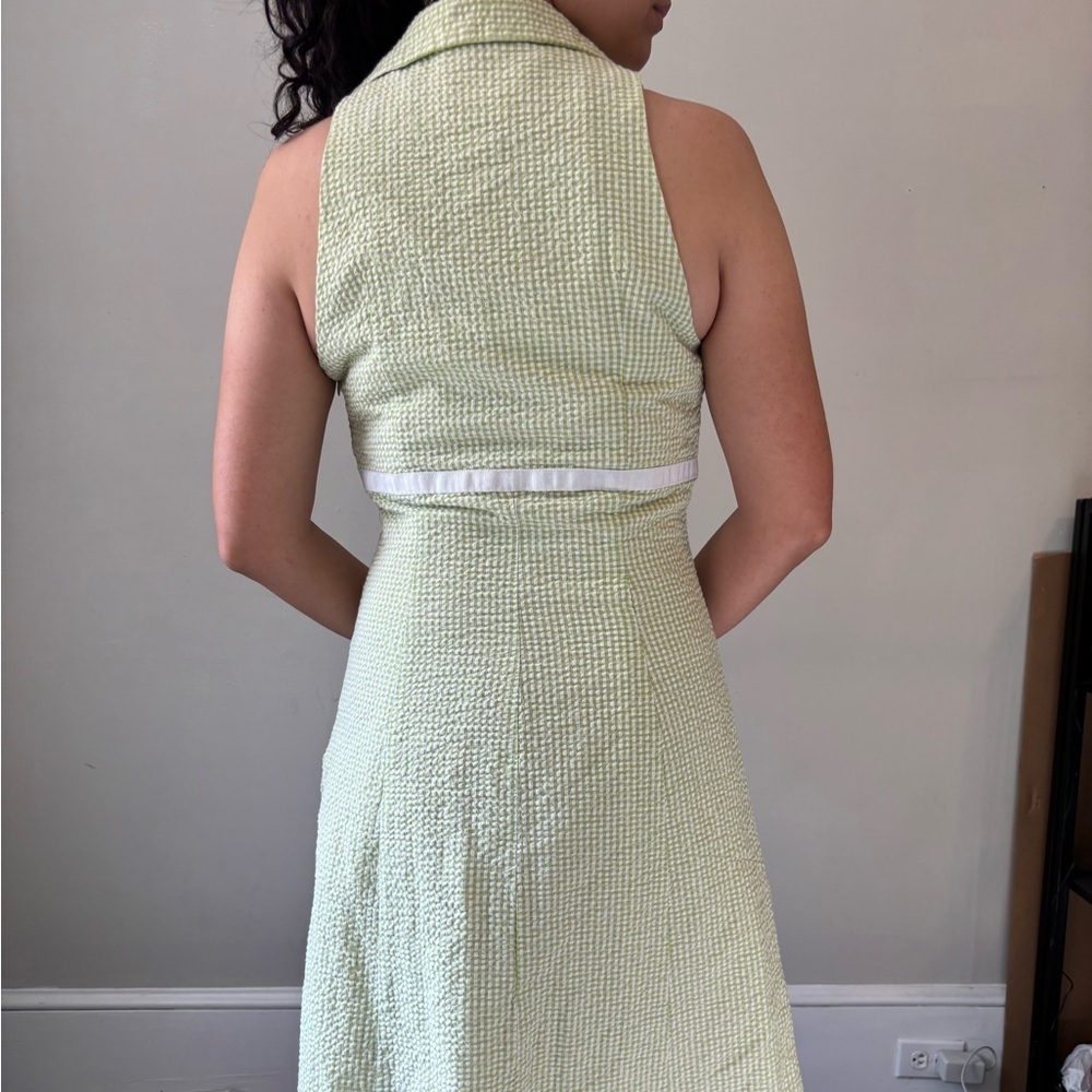 60's 70's Vintage Retro Halter Cottagecore Green Plaid Midi Boho Dress - Small - Picture 2 of 9